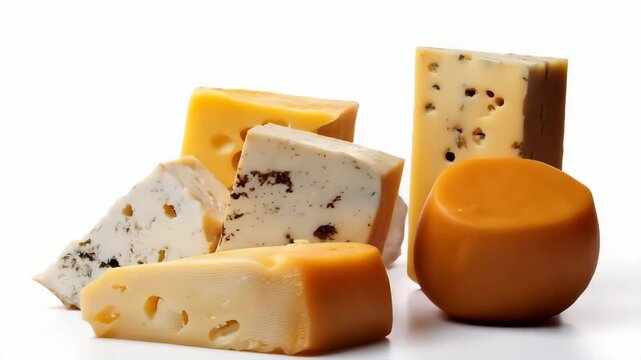Assorted cheeses stack with holes and mold on white background