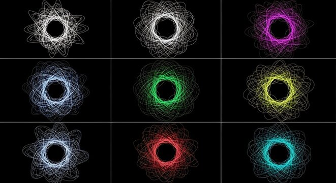 Collection of abstract colorful spiral patterns on a black background. set of nine abstract spirals in different colors. (152 characters)