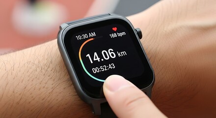 Close up of hand touching smartwatch screen displaying health metrics such as distance, heart rate, time, and workout duration. (152 characters)