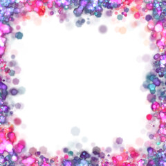 Square watercolor frame with pink and purple splashes and blank center on transparent background for decorative design