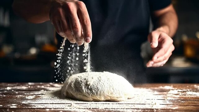 Baking bread dough with flour dusting in kitchen
