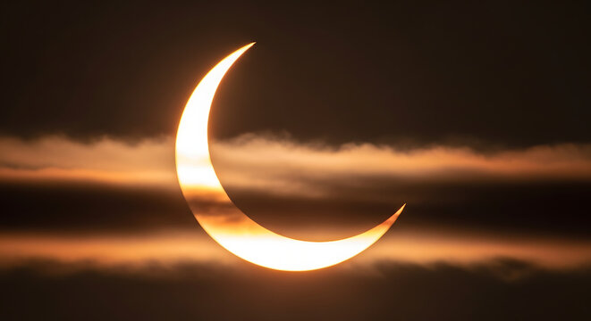 Crescent Sun During Solar Eclipse With Wispy Clouds.