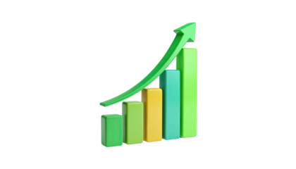 A 3D bar chart with an upward-pointing green arrow, indicating growth