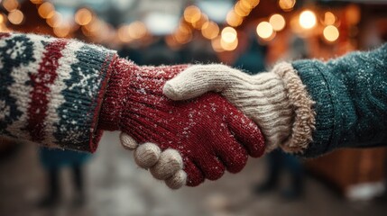 Two people in winter knitted gloves shake hands close-up against the background of a Christmas winter market, greeting people, meeting friends