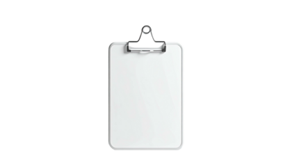 A plain white clipboard against a stark black background, in a centered position