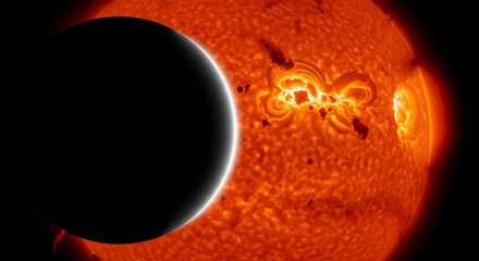 Planet Transiting The Sun With Solar Flares Visible.