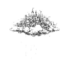 Drawing of a cloud city fantasy landscape sketch with towers and buildings in black and white ink style © Mudasser