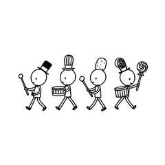 Stick figure parade marching band with drums and lollipop vector illustration clip art line drawing