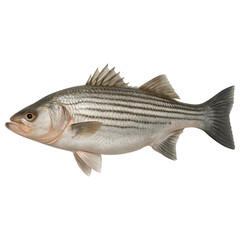 Striped bass fish with silver body and dark horizontal stripes swimming isolated on transparency background