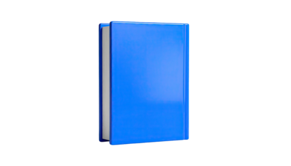 A closed, glossy blue book stands upright against a solid black background