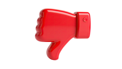 A glossy, bright red thumbs down hand symbol isolated on a black background