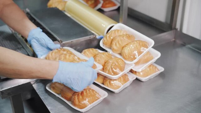 Packaging Fresh Baked Pies in Plastic Trays on Line. Bakery production.