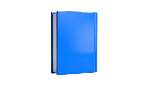 A closed, glossy blue book stands upright against a solid black background