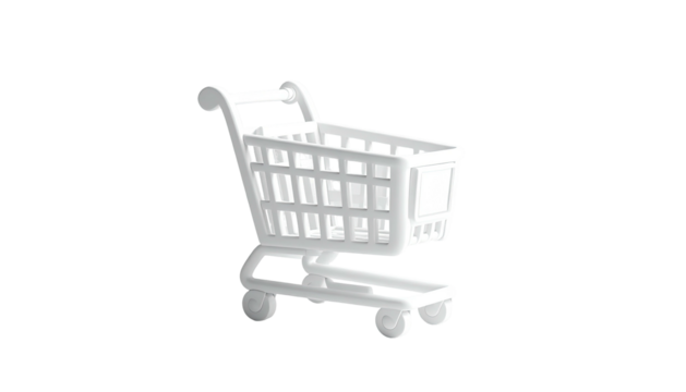 White toy shopping cart isolated on a black background, slightly angled