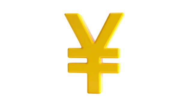 Shiny 3D golden Yen symbol floats against a stark black background