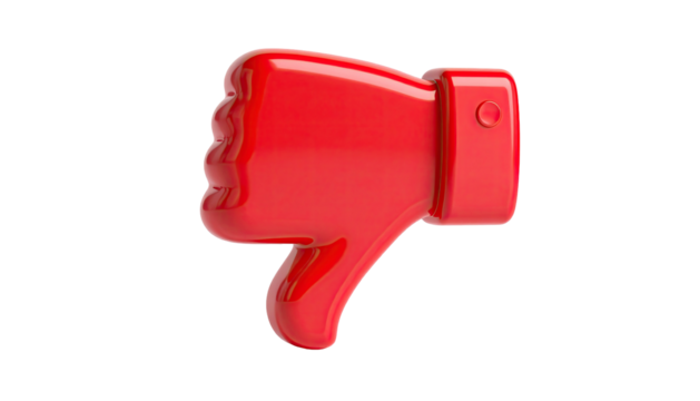 A glossy, bright red thumbs down hand symbol isolated on a black background