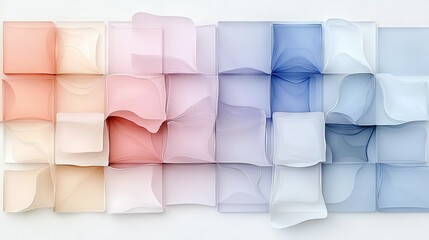 A grid of abstract, translucent squares with flowing, organic textures, transitioning from warm peach and pink hues to cool blues and whites, illuminated by sof