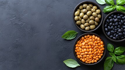 Three dark bowls filled with green olives, black beans, and orange lentils, garnished with fresh basil leaves, arranged on a dark, textured background. Overhead