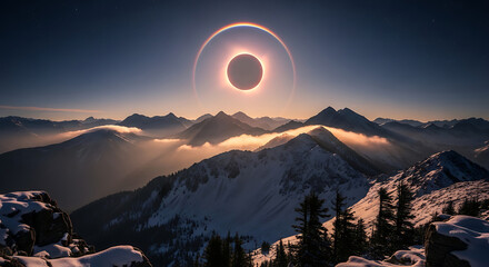 Solar Eclipse Over Mountain Peaks.