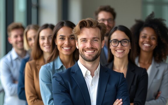 Portrait of standing in row smiling diverse team looking at camera. Happy multiethnic corporate staff, young specialists, company representatives, bank workers photo shoot, HR agency recruitments.