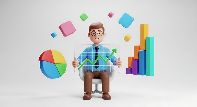 Smiling 3D businessman presents rising chart and financial data enthusiastically against white background