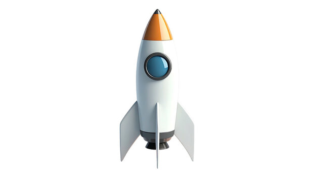 A white and orange cartoon rocket ship ready for liftoff against a black background