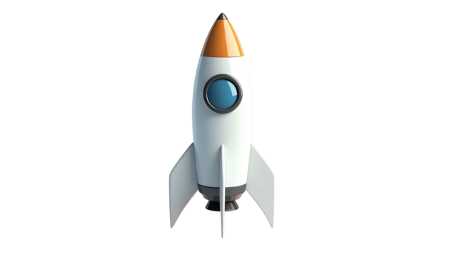 A white and orange cartoon rocket ship ready for liftoff against a black background