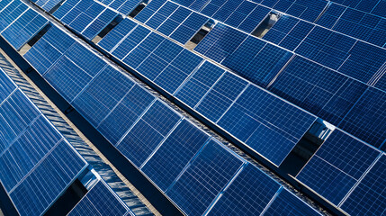 Aerial view of solar panels reflecting sky, blue grid, clean energy pattern