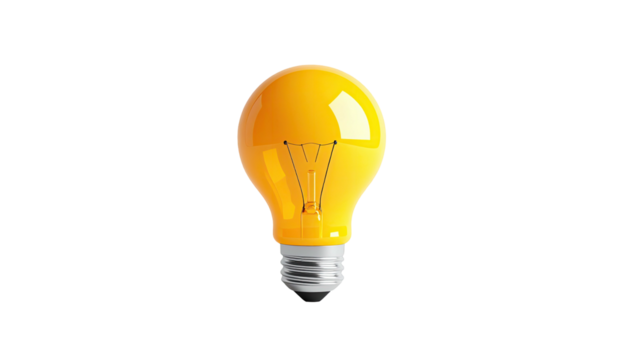 A glowing yellow light bulb against a stark black background