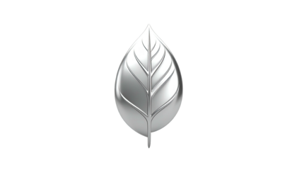 Gleaming silver leaf graphic against a black backdrop, nature-inspired icon