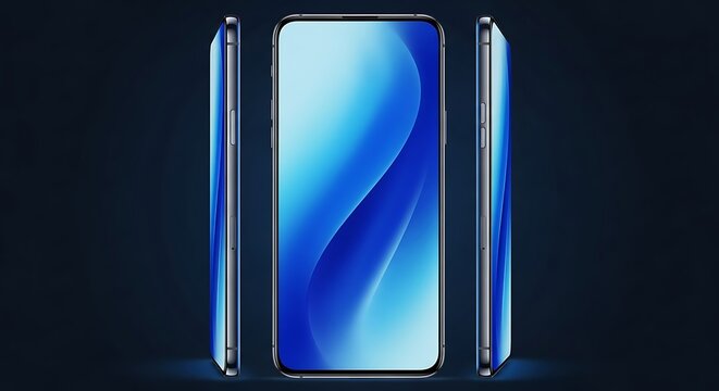 Modern frameless smartphone mockup with blue gradient screen and front and side view isolated, showcasing sleek design and technology. (152 characters) - Powered by Adobe