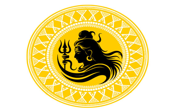Lord Shiva Profile View (Mahadev) with Trident (Trishula) and Jata, Digital Illustration in Bright Yellow and Gold Circular Tribal Mandala Frame