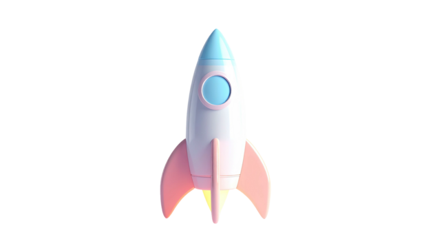 A pastel-colored rocket ship against a black background, ready for launch