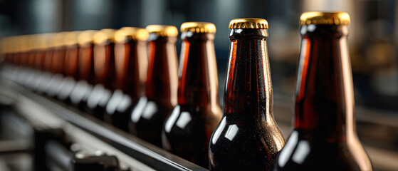 Bottles on a conveyor belt in a brewery during production process