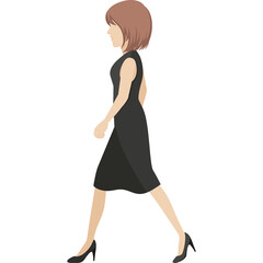 Pixel Art of a Woman in a Black Dress Walking with Heels and Brown Hair Side Profile on Transparent Background