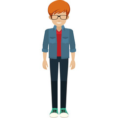 Pixelated Young Man With Red Hair Wearing Glasses Blue Denim Jacket Red Shirt Dark Pants Standing Center Full Body Isolated White Background