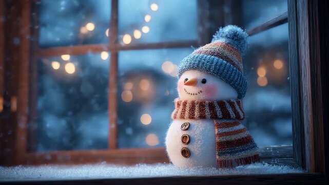 Snowman in a cozy window during a snowy winter evening with twinkling lights outside