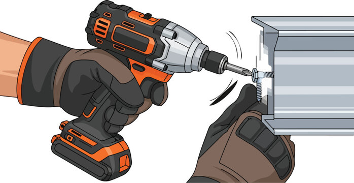 Closeup of a person using an impact driver to fasten a screw into a metal beam highlighting construction and DIY work.
