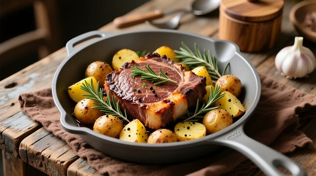 Delicious roasted pork chop served with seasoned baby potatoes and fresh rosemary in a rustic cast