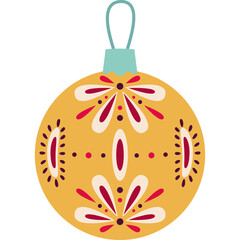 Yellow Christmas Ornament With Folk Art Flower Design On Transparent Background