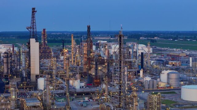Close-up drone view of Cenovus Toledo Refinery with tanks, towers, and piping