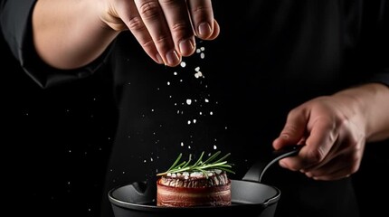 Chef seasoning a gourmet beef steak wrapped in bacon with salt and rosemary in a cast iron pan