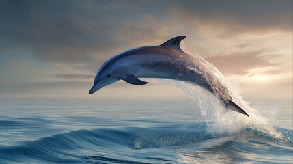 Fototapeta premium Dolphin leaping from ocean dynamic moment, marine life vitality material for science and childrens book design