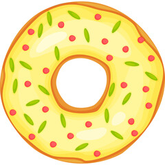 Yellow iced donut with red and green sprinkles on transparent background