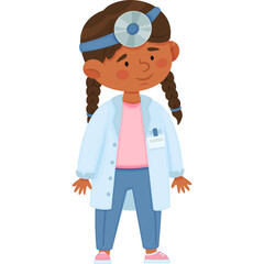 Young Girl Dressed As Doctor Wearing A White Lab Coat And Head Mirror In A Professional Uniform Standing Against A Transparent Background Ready To Help