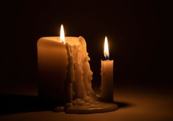 Two lit candles with dripping wax casting a warm glow in darkness