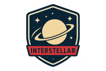 Interstellar space exploration mission emblem patch on transparent background