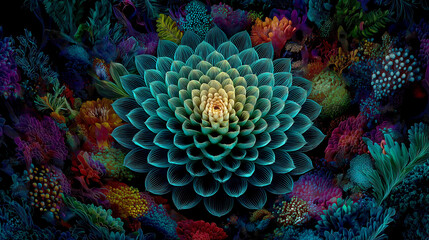 A mesmerizing garden with interconnected web matrix design in a futuristic flower of life style