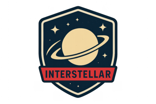 Interstellar space exploration mission emblem patch on transparent background