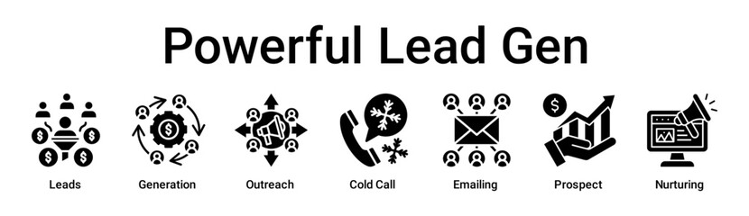Powerful Lead Gen banner web icon vector illustration concept for business with icon of Leads, Generation, Outreach, Cold Call, Emailing, Prospect.